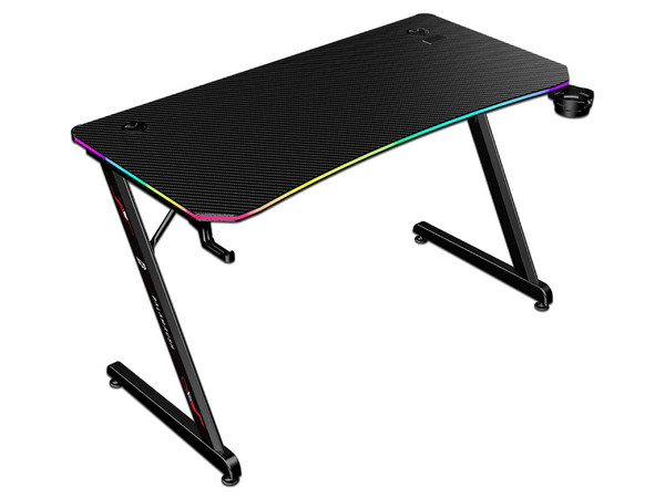 Escritorio Gamer Ergonómico Olympus Spot Glow Pro MRX8000, Estructura Z, 120 x 60 cm, Soporta hasta 100 kg, ABS, PC, Acero, Aglomerado de 18 mm, Recubrimiento de melamina en fibra de carbono, RGB, 1 Gancho, 1 Porta Vasos, Legend, Negro.