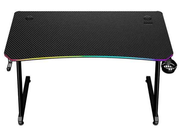 Escritorio Gamer Ergonómico Olympus Spot Glow Pro MRX8000, Estructura Z, 120 x 60 cm, Soporta hasta 100 kg, ABS, PC, Acero, Aglomerado de 18 mm, Recubrimiento de melamina en fibra de carbono, RGB, 1 Gancho, 1 Porta Vasos, Legend, Negro.