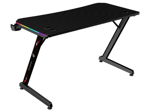 Escritorio Gamer Ergonómico Olympus Spot Glow Pro MRX8000, Estructura Z, 120 x 60 cm, Soporta hasta 100 kg, ABS, PC, Acero, Aglomerado de 18 mm, Recubrimiento de melamina en fibra de carbono, RGB, 1 Gancho, 1 Porta Vasos, Legend, Negro.