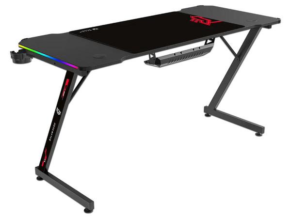 Escritorio Gamer Ergonómico Olympus Spot Glow MRX6000, Estructura Z, 140 x 60 cm, Soporta hasta 100 kg, ABS, PC, Acero, Aglomerado de 15 mm, Recubrimiento de melamina en fibra de carbono, RGB, 1 Tapete XXL 80 x 50 cm, 1 Porta Vasos, Legend. Color Negro.