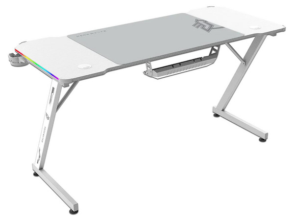 Escritorio Gamer Ergonómico Olympus Spot Glow MRX6000, Estructura Z, 140 x 60 cm, Soporta hasta 100 kg, ABS, PC, Acero, Aglomerado de 15 mm, Recubrimiento de melamina en fibra de carbono, RGB, 1 Tapete XXL 80 x 50 cm, 1 Porta Vasos, Legend, Blanco.