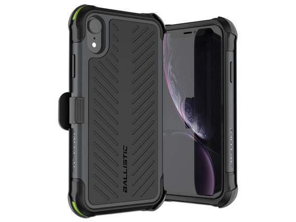 Funda Ballistic TJ Maxx para iPhone XR con clip y mica de cristal templado. Color Negro.