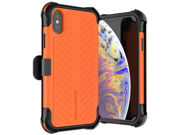 Funda Ballistic TJ Max para iPhone X/XS con clip y mica de cristal templado. Color Naranja.