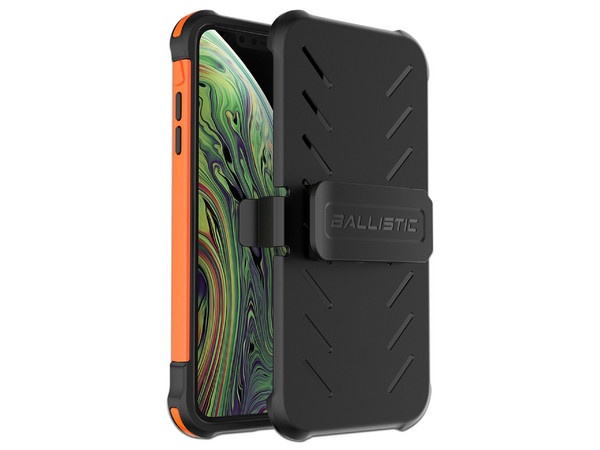 Funda Ballistic TJ Maxx de uso rudo, para iPhone XS MAX con clip y Mica de pantalla. Color Naranja/Negro.