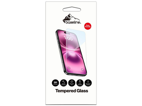 Mica Vidrio BASELINE para iPhone 17, modelo BIP17SC90, protectora de pantalla transparente.