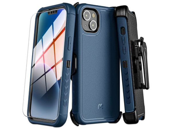 Funda MyBat Pro Maverick para iPhone 16e iPhone 14 y iPhone 13 con mica de cristal templado. Uso rudo. Color Azul.