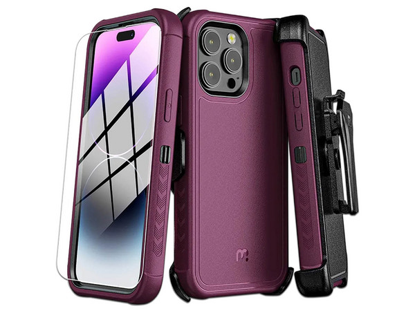 Funda MyBat Pro Maverick para iPhone 14 Pro Max con mica de cristal templado. Uso rudo. Color Morado.
