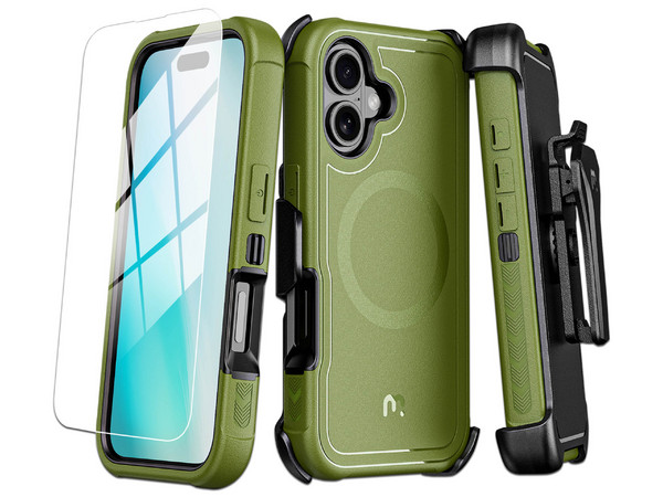 Funda MyBat Maverick Mag Clip para iPhone 16 Plus con mica. Color Verde.