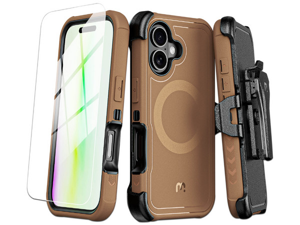 Funda MyBat Pro Maverick para iPhone 17 con mica de cristal templado. Uso rudo. Color Café.
