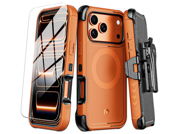 Funda MYBAT Maverick Mag clip para iPhone 17 Pro Max, Color Naranja con mica, Modelo RIP17PMCS3NXMS008.