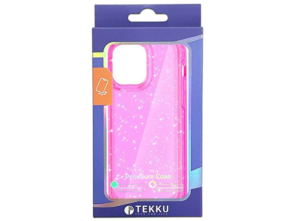 Funda Tekku rígida para iPhone 15 Pro Max. Color Rosa Glitter.