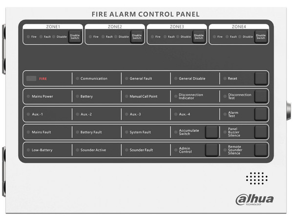 Panel de Alarma Contra Incendios, Convencional, 4 Zonas, Hasta 32 Detectores por Zona, 4 Contactos Secos, Interfaz RS-485, Ethernet, Cumple Norma EN54-2, EN54-4, IP30.