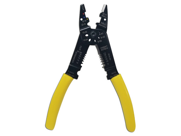 Pinza Cortacables y Pelacables 10 a 22 AWG con Plegador de Conectores, Color Negro.