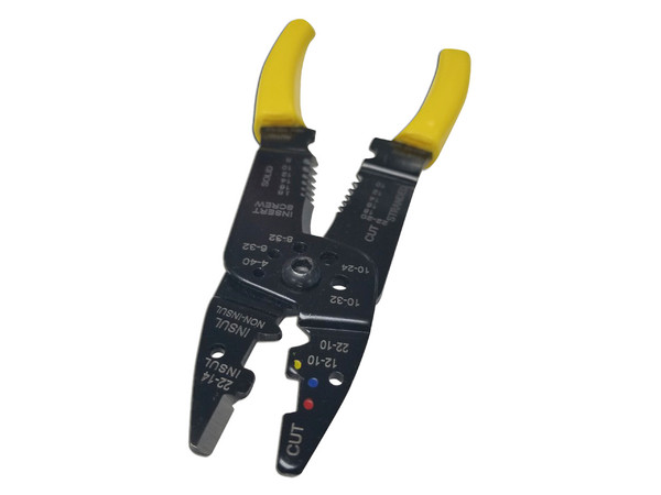 Pinza Cortacables y Pelacables 10 a 22 AWG con Plegador de Conectores, Color Negro.