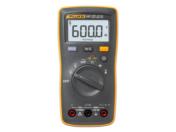 Multímetro Digital FLUKE 107 ESP de Tamaño Compacto, Para Medición de Corriente y Tensión, Uso con Voltaje Máximo de 600 V con Pantalla LED Retroiluminada.