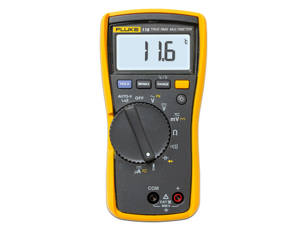 Multímetro Digital Fluke 116 para Electricista, con Termómetro Integrado para Aplicaciones HVAC, Uso con Voltaje Máximo de 600 V, Pantalla LED Retroiluminada.