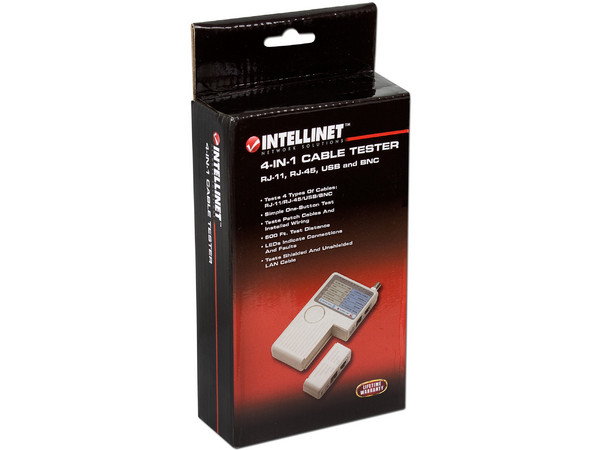 Probador de Cables Intellinet 4 en 1, RJ-11, RJ-45, USB y BNC.