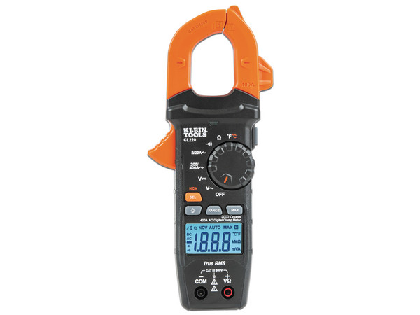 Multímetro Digital de Gancho Klein Tools CL220 de Rango Automático, Hasta 400 A, Media Cuadrática Real, Medidor de Temperatura, Color Negro/Naranja.