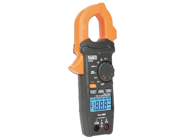 Multímetro Digital de Gancho Klein Tools CL220 de Rango Automático, Hasta 400 A, Media Cuadrática Real, Medidor de Temperatura, Color Negro/Naranja.