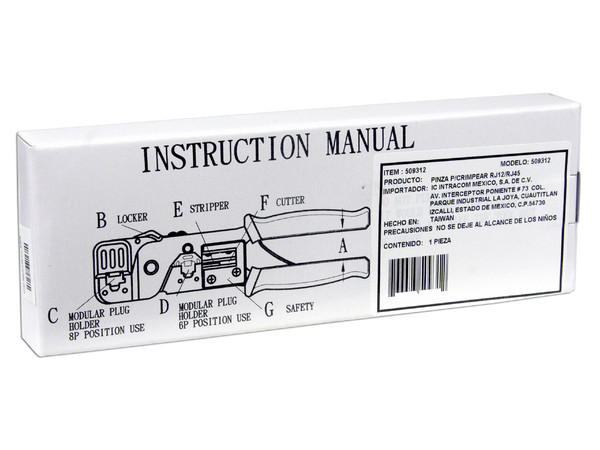 Pinza para Crimpear RJ-11 y RJ-45 Fabricada en acero al carbón. Corta, pela y crimpea