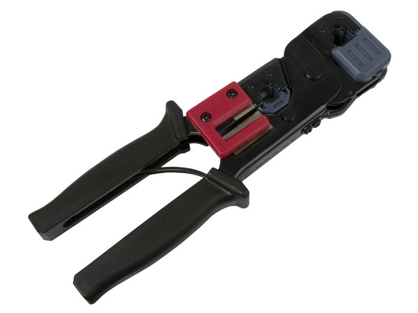 Pinza para Crimpear RJ-11 y RJ-45 Fabricada en acero al carbón. Corta, pela y crimpea