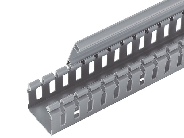 Canaleta ranurada de PVC sin tapa, tipo H con tapa abisagrada, color gris, 55.1 mm de ancho, 50.3 mm de alto y 1828.8 mm de largo. Cumple normas UL94V-0, RoHS, CE, y CSA. Ideal para montaje con orificios y medición imperial.
