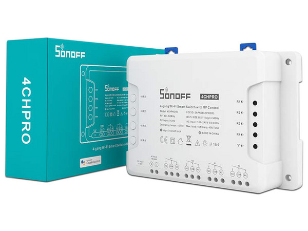 Interruptor inteligente Sonoff 4CH Pro R3 de 4 canales, Compatible con Amazon Echo y Google Home, Wi-Fi. Color Blanco.