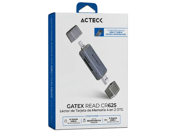 Lector de Memorias Flash Acteck Gatex Read CR625, Entrada USB Tipo C, USB Tipo A, Ranura SD y MicroSD, Conexión Dual USB Tipo A y C. Color Plata.