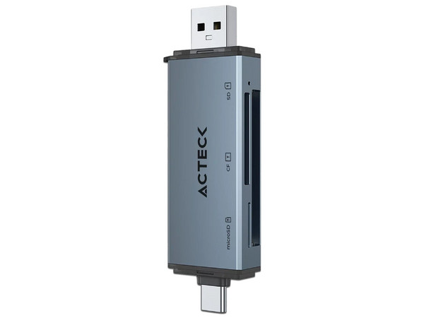 Lector de Memorias Flash Acteck Gatex Read CR620, Ranura SD, MicroSD y CF 2.0, USB Tipo A y C. Color Plata.