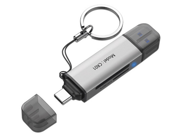 Lector de Tarjetas 2 en 1 Hiksemi HS-HUB-CR01, Soporta SD y Micro SD, USB y USB Tipo C. Color Gris.