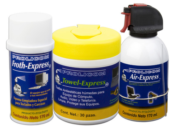 Paquete PROLICOM de Toallas Antiestáticas Húmedas 30 piezas, Espuma Limpiadora 170ml. y Aire Comprimido 170ml.
