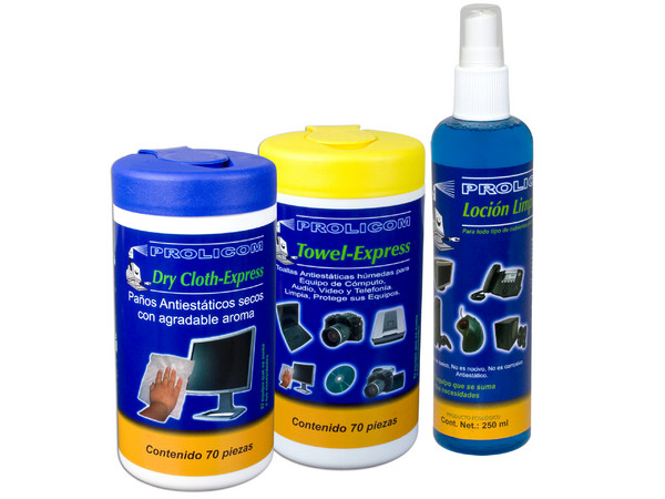 Paquete de Toallas Antiestáticas Húmedas y Secas para Equipo de Cómputo PROLICOM de 70 piezas y Loción Limpiadora de 250ml.