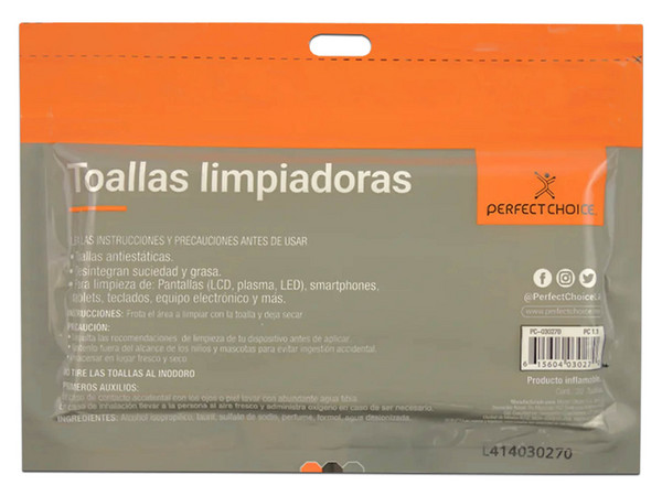 Paquete de Toallas Antiestáticas Húmedas Perfect Choice PC-030270, Para Laptops y Pantallas LCD, 5 Piezas.