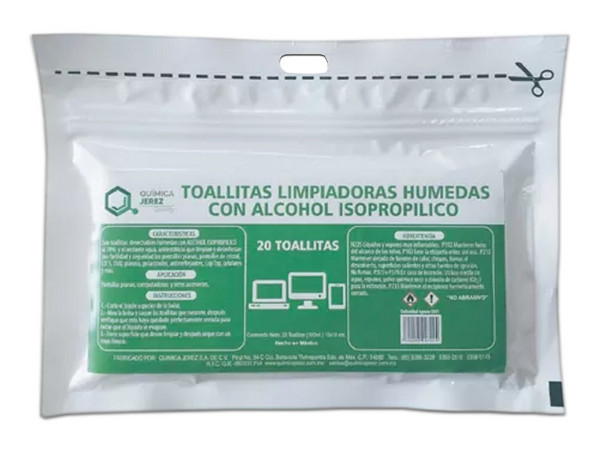 Toallas húmedas limpiadoras Química Jerez S-20 para pantallas, computadoras, 20pz.