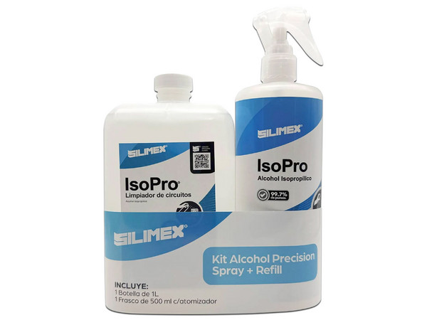 Kit de Limpieza SILIMEX IsoPro, Incluye 1 frasco de alcohol isopropílico con atomizador mini-trigger de 500 ml y 1 botella de 1 litro de Alcohol Isopropílico.
