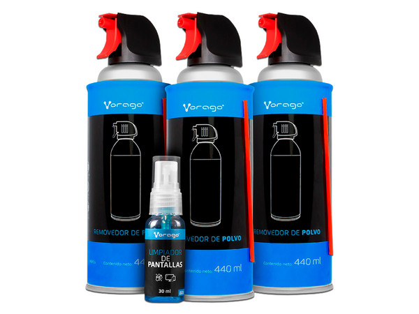 Kit de 3 piezas de Aire comprimido Vorago CLN-100 más un Limpiador de Pantalla.