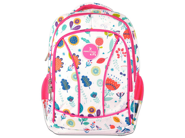 Mochila Escolar Perfect Choice Brooklyn PC-085317, Diseño de Flores, Múltiples Compartimientos. Color Blanco y Rosa.