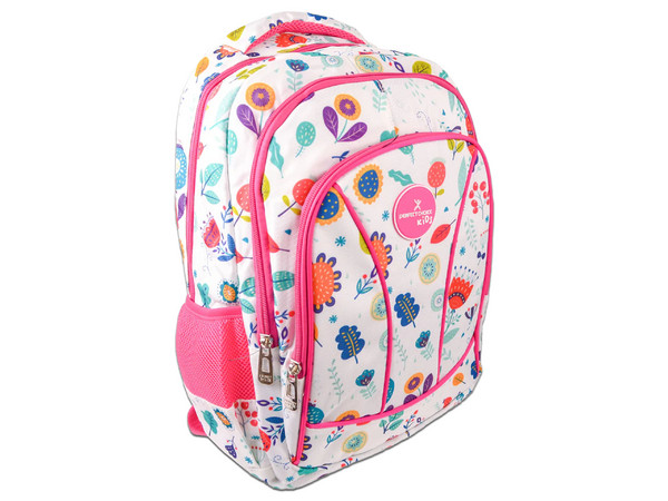 Mochila Escolar Perfect Choice Brooklyn PC-085317, Diseño de Flores, Múltiples Compartimientos. Color Blanco y Rosa.