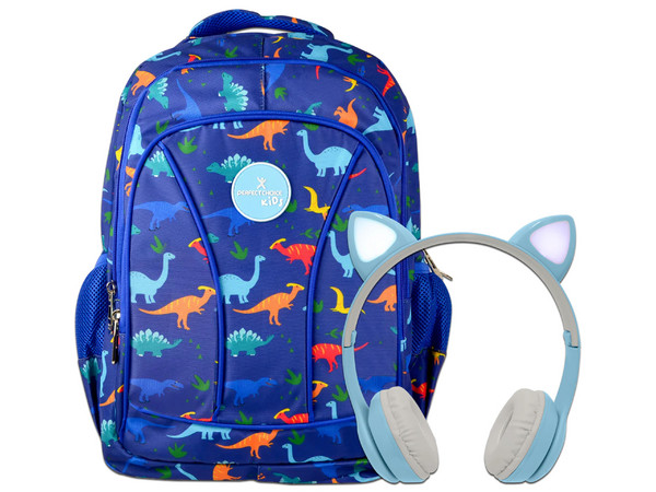 Kit Perfect Choice PC-911906 Mochila Brooklyn Dinosaurio y Audífonos Catto, Bluetooth, Auxiliar 3.5mm, Micro USB, Color Azul.
