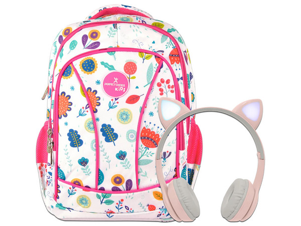 Kit Perfect Choice PC-911913 Mochila Brooklyn Flores y Audífonos Catto, Bluetooth, Auxiliar 3.5mm, Micro USB, Color Rosa.