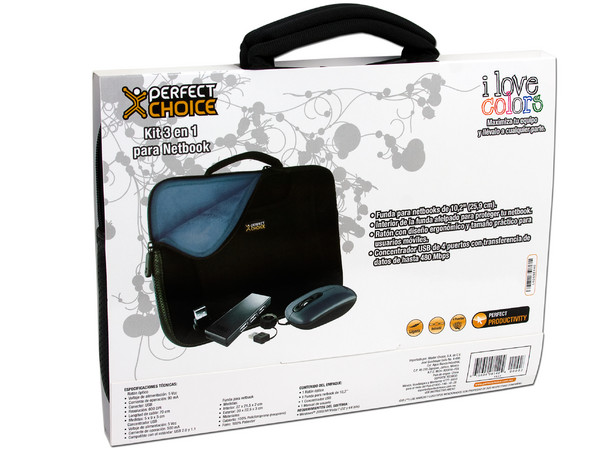 Kit 3 en 1 de Funda, Mouse y hub USB de 4 puertos Perfect Choice para Netbook de 10.2
