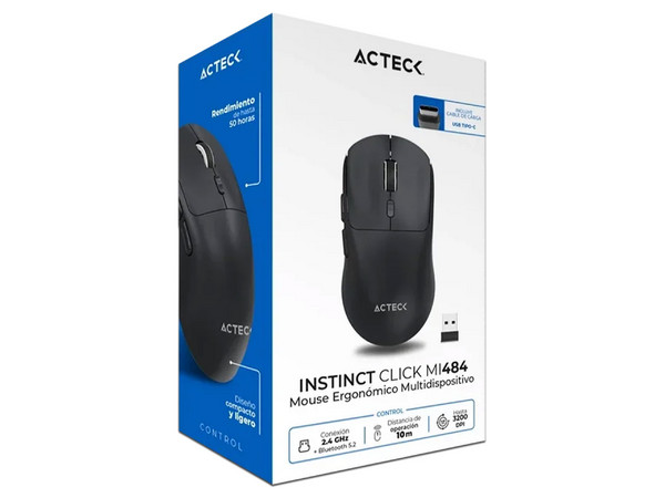 Mouse Óptico Inalámbrico Acteck Instinct Click MI484, 3200 DPI, 6 Botones, Receptor USB, Bluetooth. Color Negro.