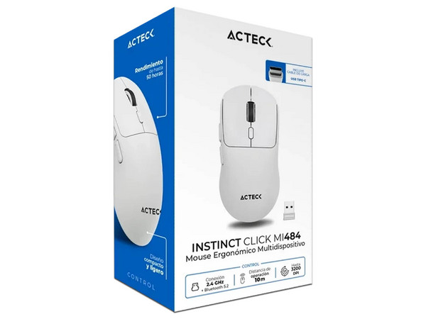 Mouse Óptico Inalámbrico Acteck Instinct Click MI484, 3200 DPI, 6 Botones, Receptor USB, Bluetooth. Color Blanco.