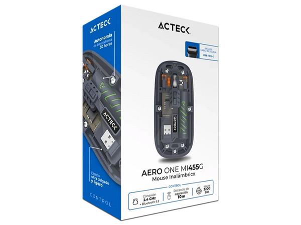 Mouse Óptico Inalámbrico Acteck Aero One MI455G, 3200 DPI, Receptor USB, Bluetooth. Color Negro.