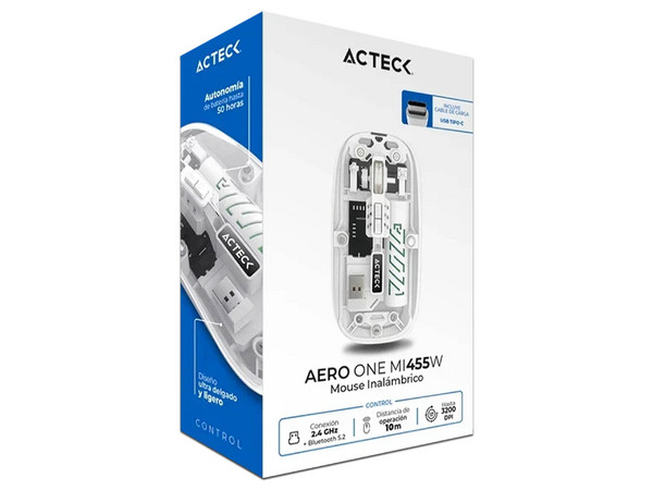 Mouse Óptico Inalámbrico Acteck Aero One MI455W, 3200 DPI, Receptor USB, Bluetooth. Color Blanco.