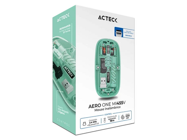 Mouse Óptico Inalámbrico Acteck Aero One MI455V, 3200 DPI, Receptor USB, Bluetooth. Color Verde Menta.