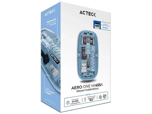 Mouse Óptico Inalámbrico Acteck Aero One MI455A, 3200 DPI, Receptor USB, Bluetooth. Color Azul.