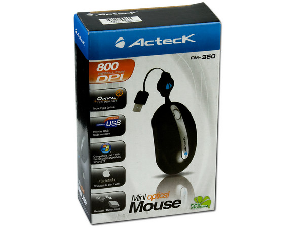 Mini Mouse Acteck AM-360 Óptico, retráctil USB. Color Negro