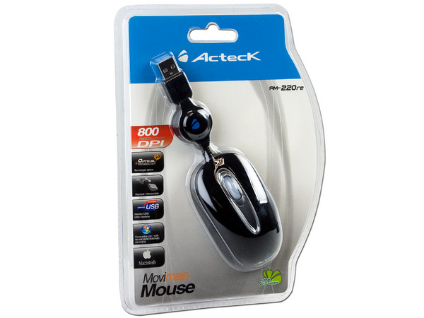Mini Mouse Acteck AM-220re Óptico, retráctil USB. Color negro