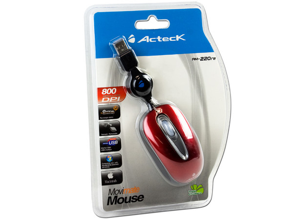 Mini Mouse Acteck AM-220re Óptico, retráctil USB. Color rojo